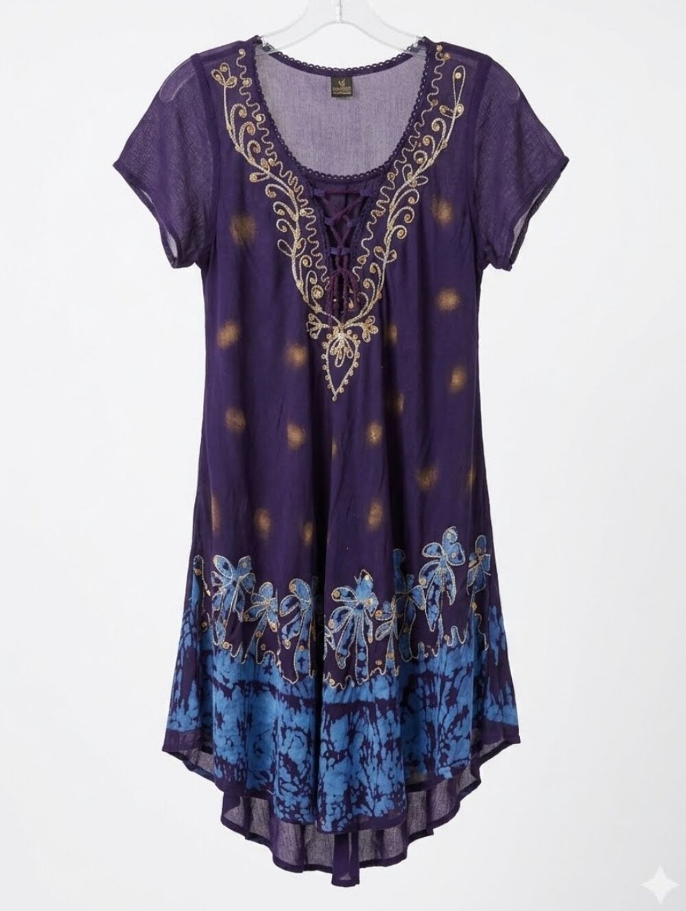 Just Love Purple Embroidered Lace-Up Short Sleeve Tunic Dress Sz M